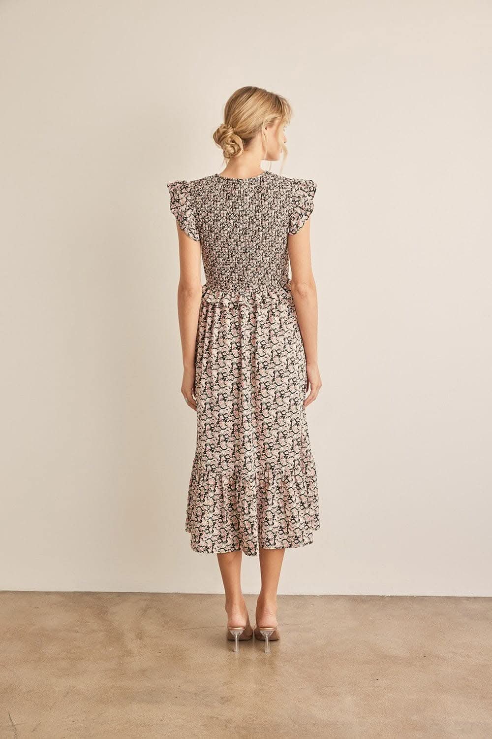 In February Floral Smocked Ruffled Midi Dress Elegance - Love Salve